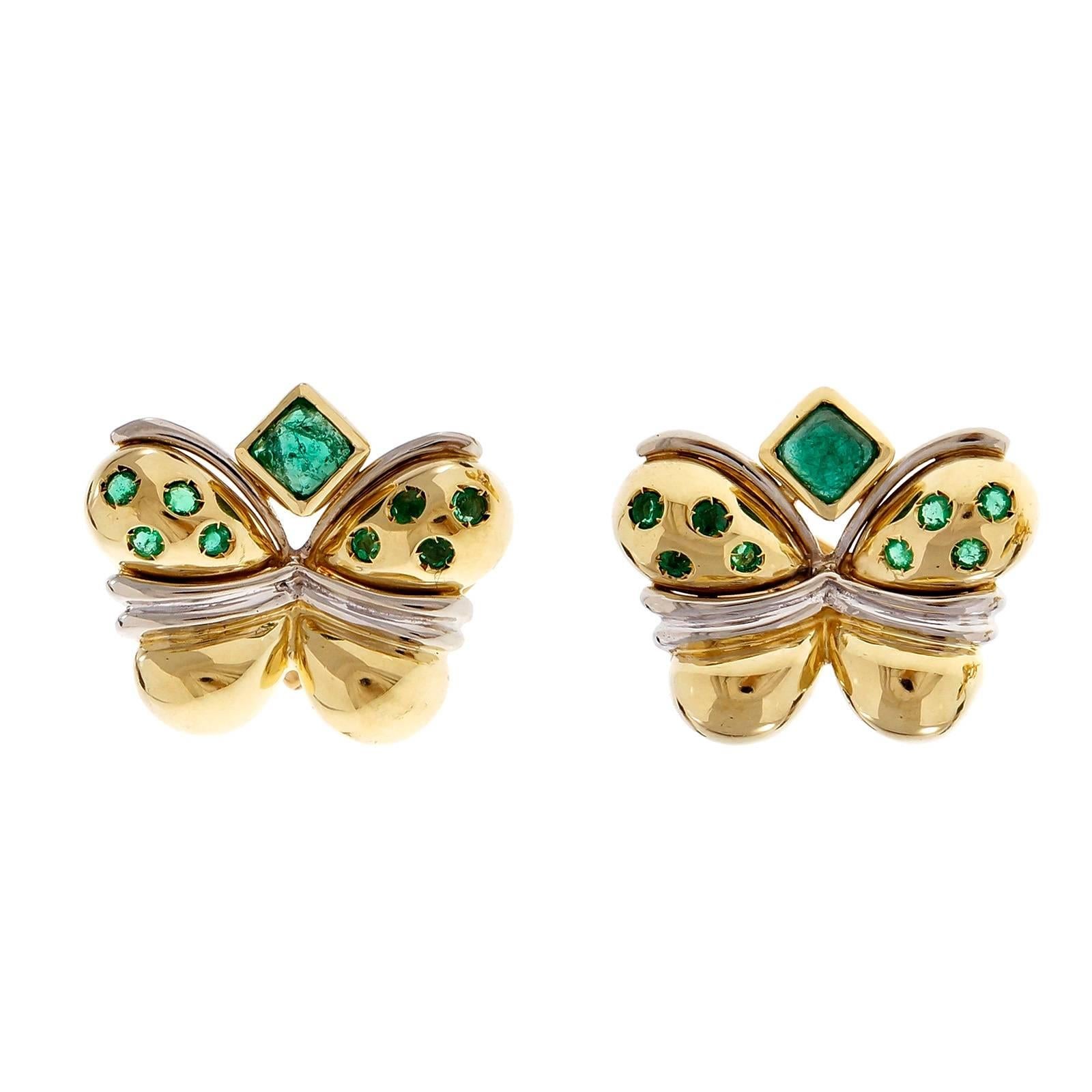 Faraone Emerald Gold Butterfly Clip Post Earrings 