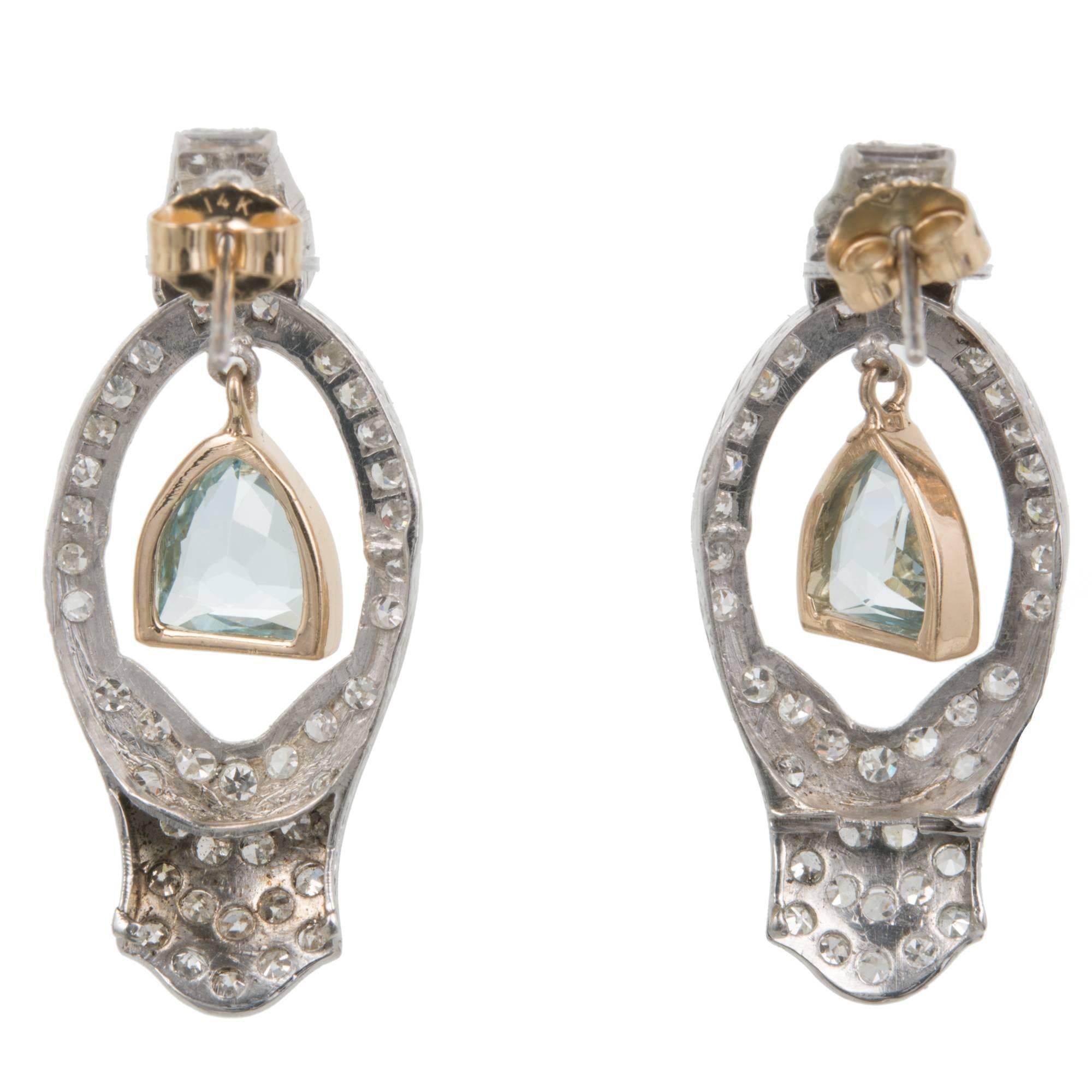 Shield Cut 1940s Aquamarine Diamond Gold Platinum Dangle Earrings  For Sale