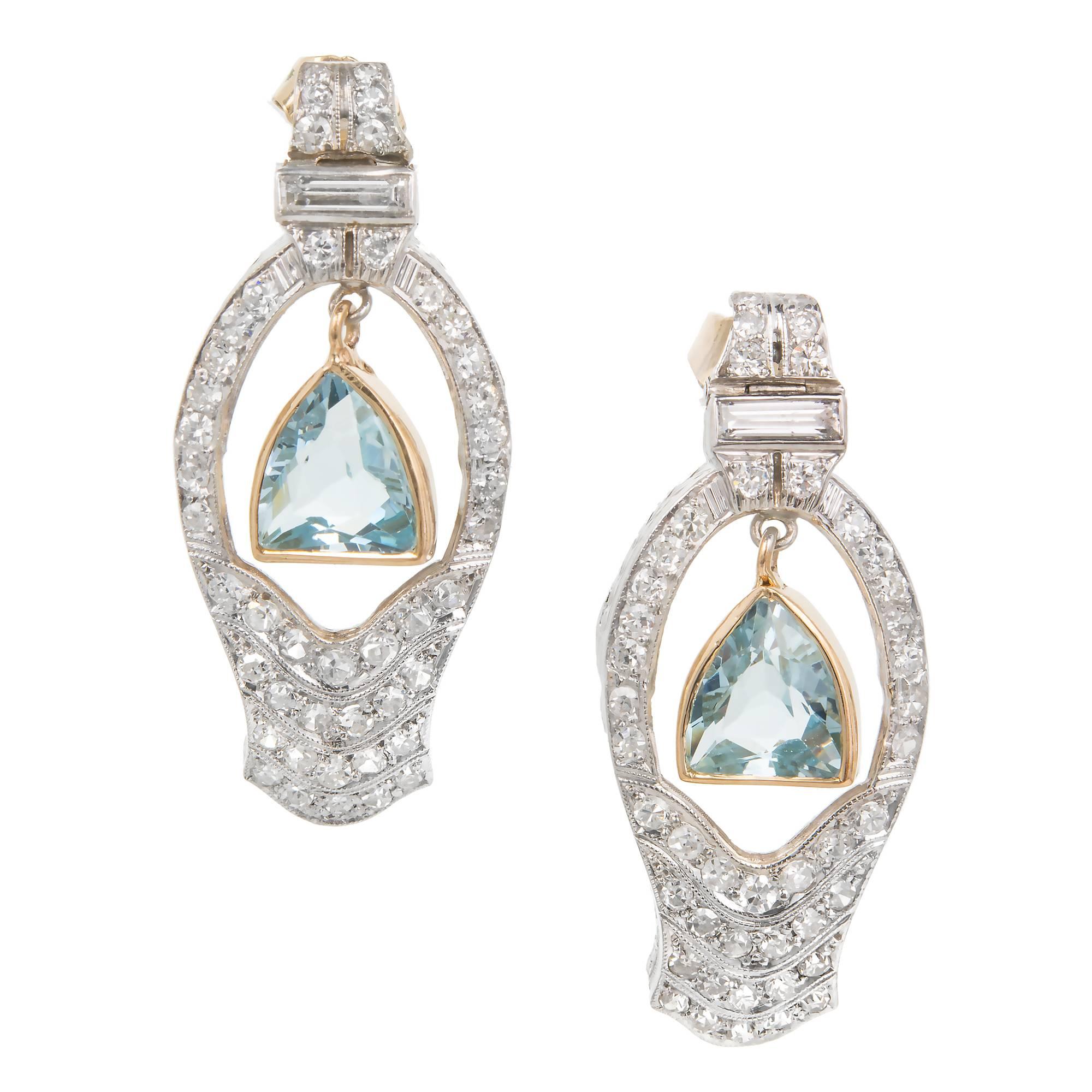 Shield Cut Aquamarine Diamond Gold Platinum Art Deco Dangle Earrings For Sale