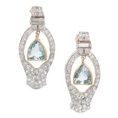 1940s Aquamarine Diamond Gold Platinum Dangle Earrings 3