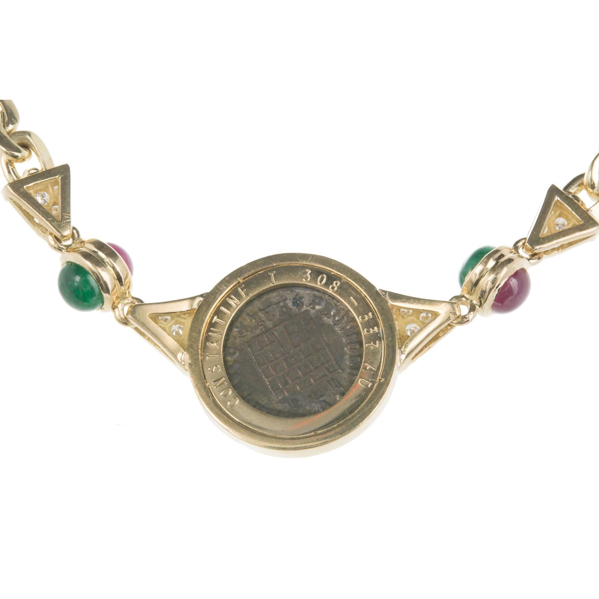 Women's Ancient Roman Coin Emerald Ruby Diamond Gold Necklace