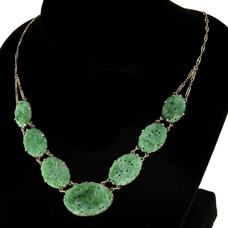 Seven Stone Oval Natural Jadeite Jade Gold Pendant Necklace For Sale at