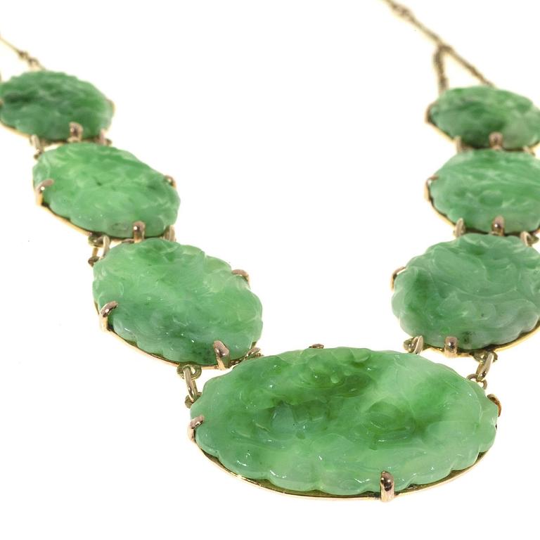 Seven Stone Oval Natural Jadeite Jade Gold Pendant Necklace For Sale at
