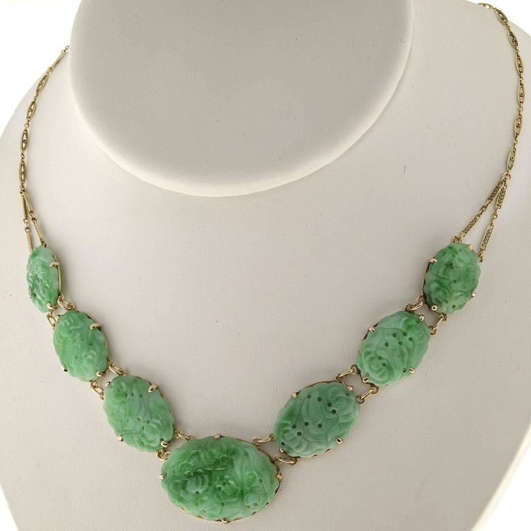 Seven Stone Oval Natural Jadeite Jade Gold Pendant Necklace For Sale at