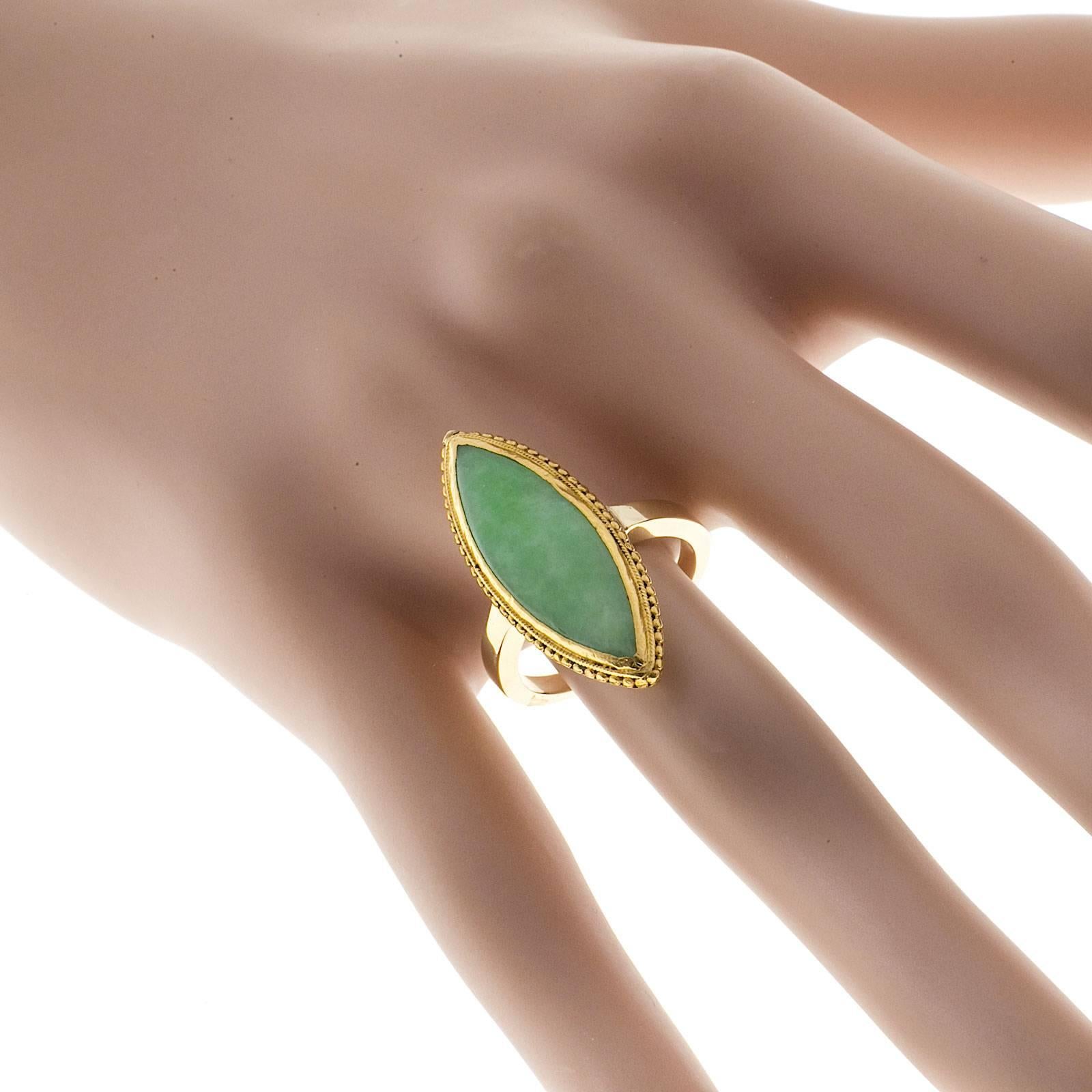 Long Marquise Natural Jadeite Jade Gold Ring 2