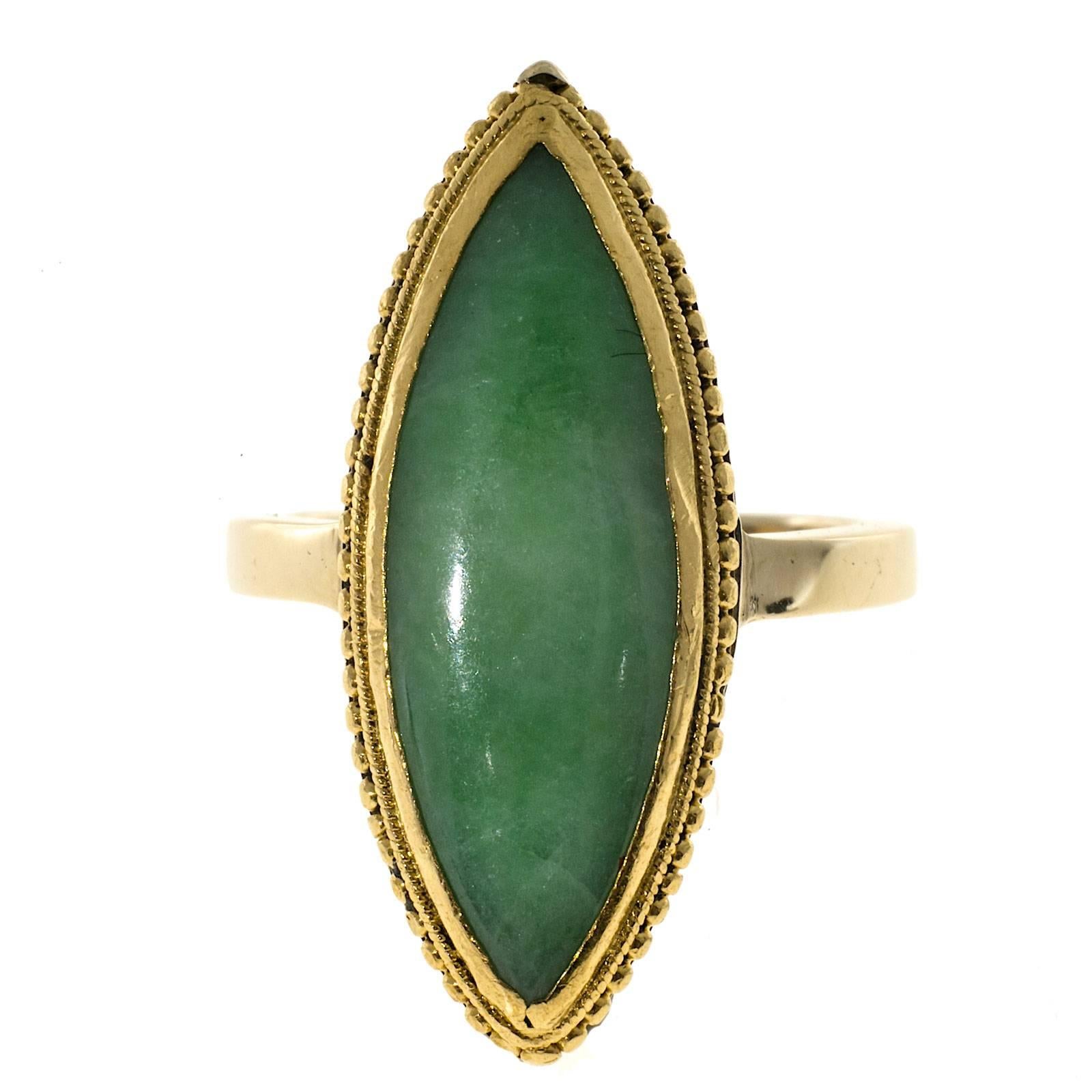 Women's Long Marquise Natural Jadeite Jade Gold Ring