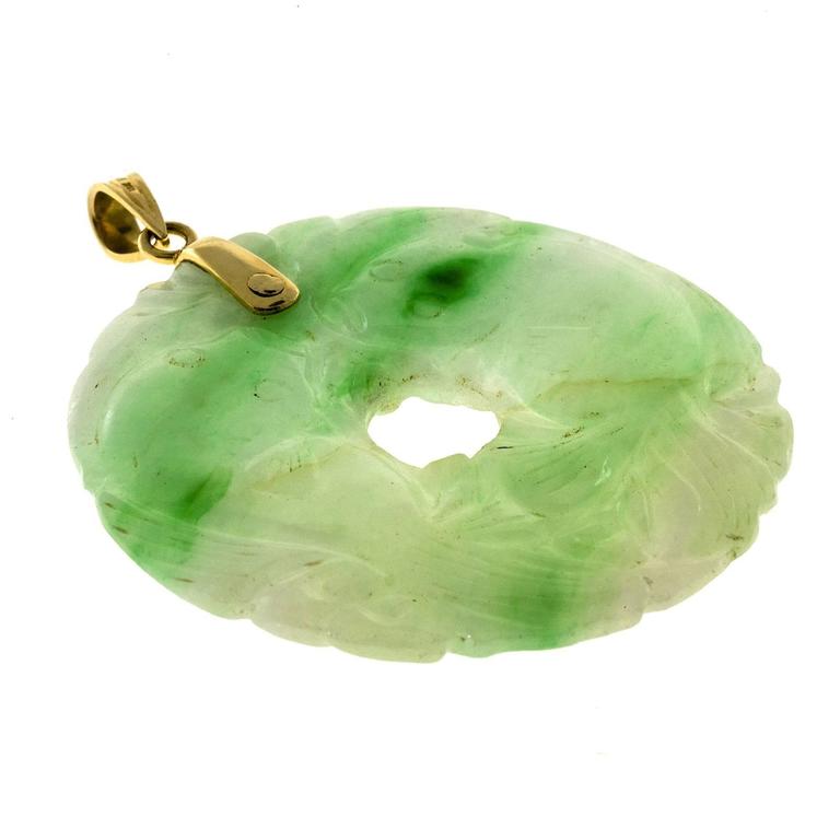 GIA Certified Jadeite Jade Carved Circle Gold Pendant For Sale at