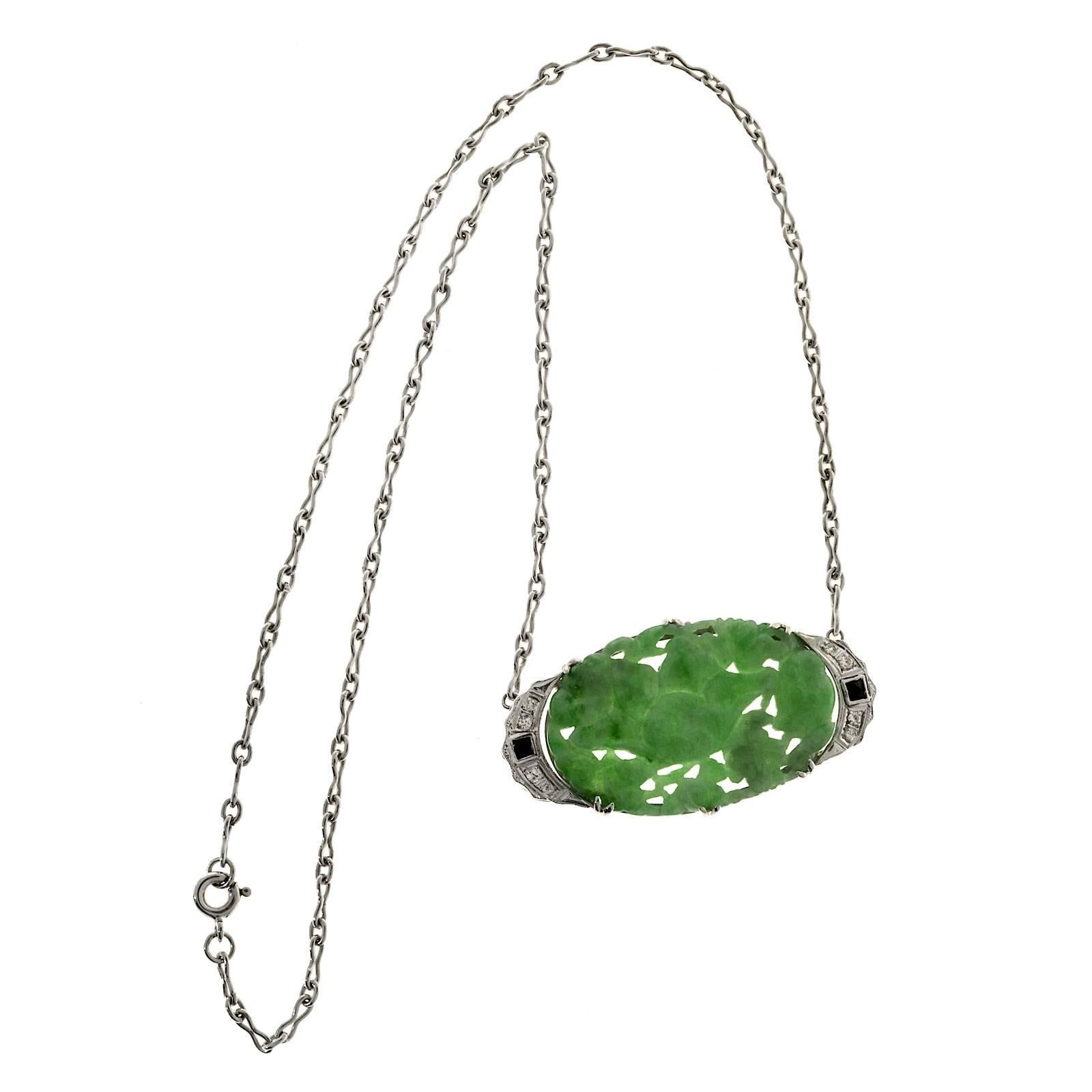 GIA Certified Jadeite Jade Onyx Diamond Platinum Art Deco Pendant Necklace