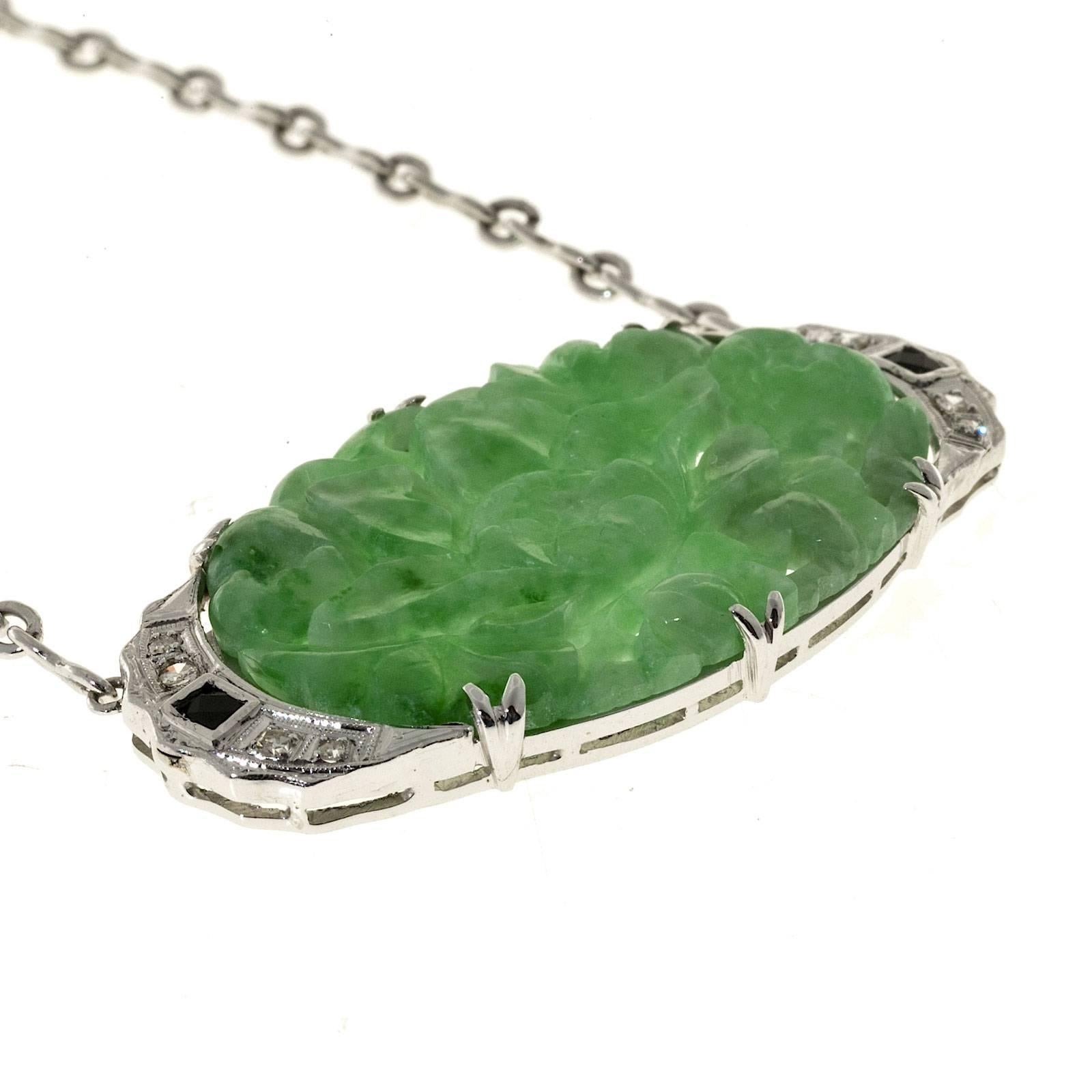 Oval Cut GIA Certified Jadeite Jade Onyx Diamond Platinum Art Deco Pendant Necklace