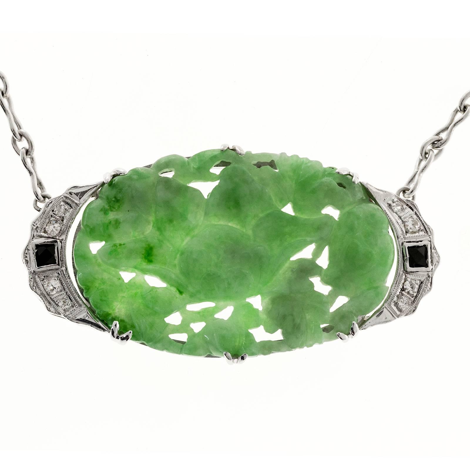 GIA Certified Jadeite Jade Onyx Diamond Platinum Art Deco Pendant Necklace In Good Condition In Stamford, CT