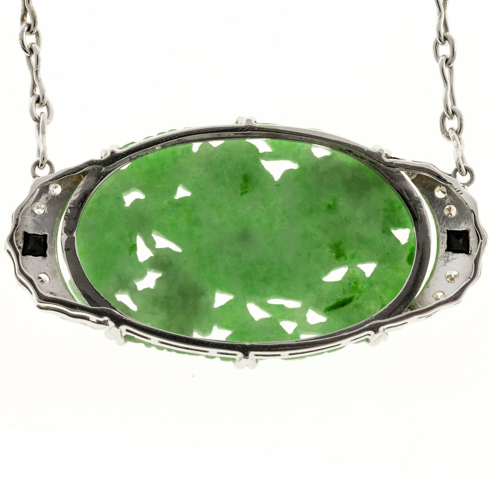 Women's GIA Certified Jadeite Jade Onyx Diamond Platinum Art Deco Pendant Necklace