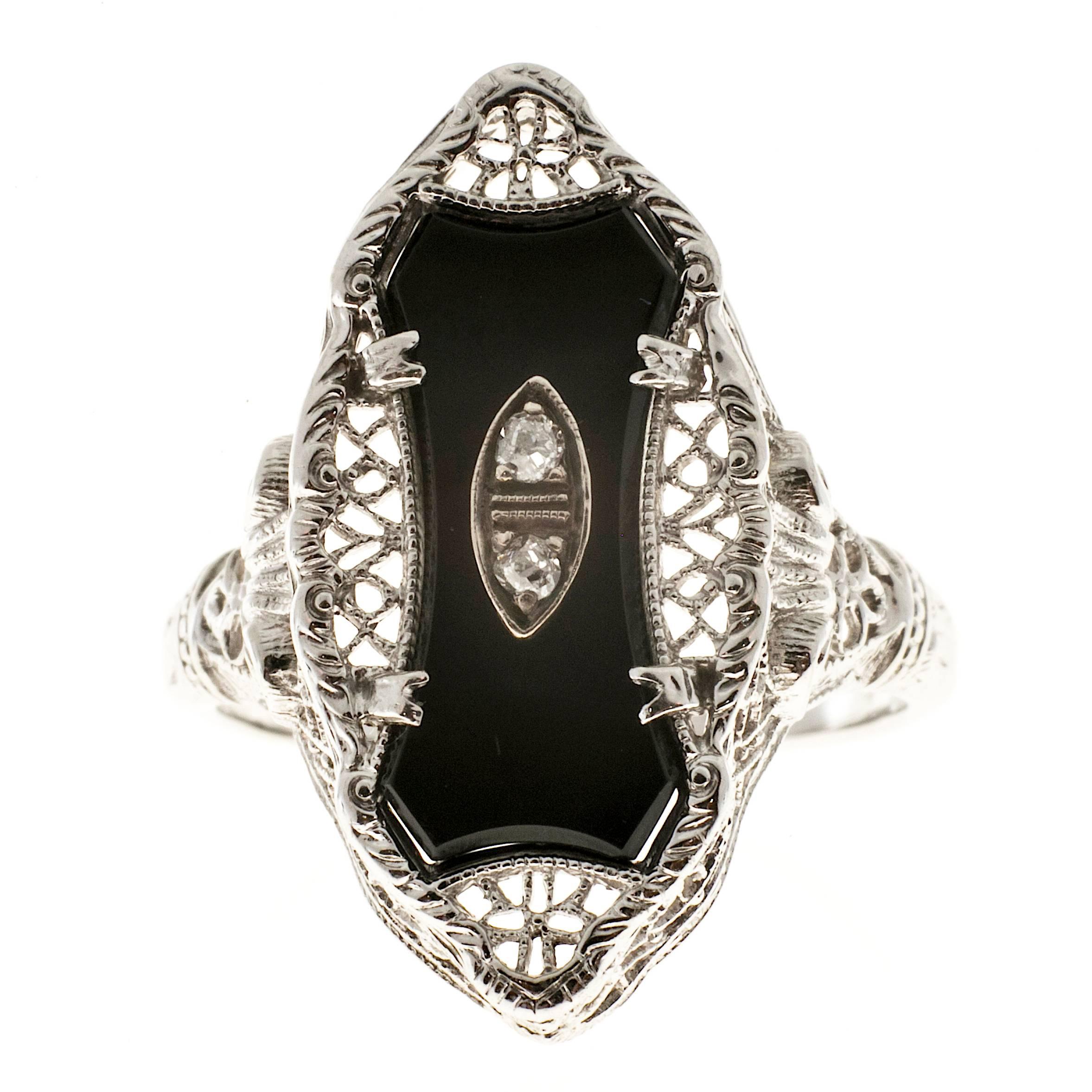 Art Deco Filigree Black Onyx Diamond Gold Cocktail Ring