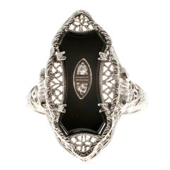 Filigraner schwarzer Onyx-Diamant-Gold-Cocktailring im Art déco-Stil