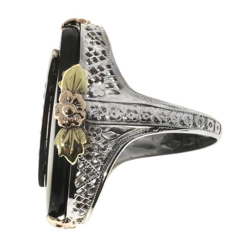 Women's Oval Black Onyx Diamond Filigree Gold Flower Cocktail Ring For Sale