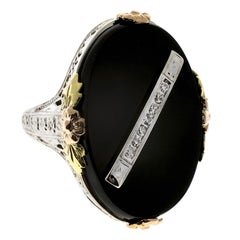 Oval Black Onyx Diamond Filigree Gold Flower Cocktail Ring