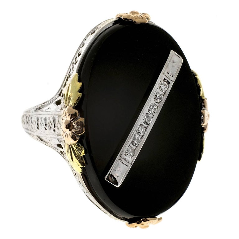 Oval Black Onyx Diamond Filigree Gold Flower Cocktail Ring For Sale