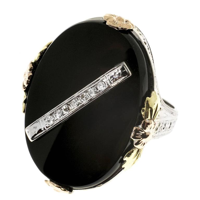 Oval Cut Oval Black Onyx Diamond Filigree Gold Flower Cocktail Ring For Sale