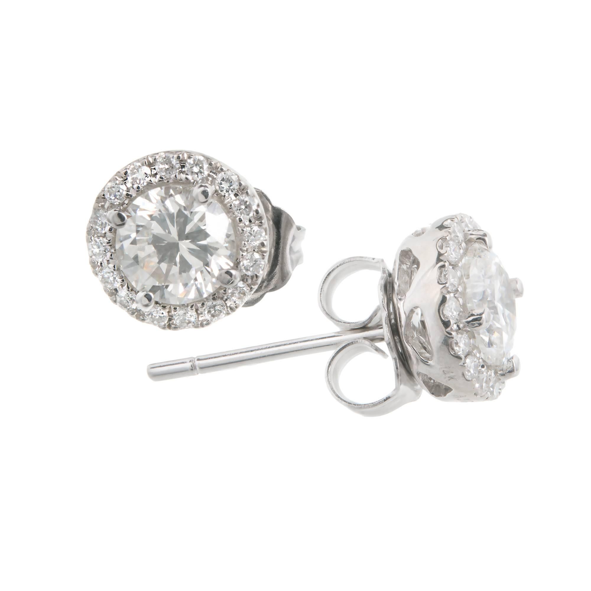 Peter Suchy round halo Diamond earrings with bright white brilliant cut center. Diamonds surrounded by sparkly full cut Diamonds.

2 round Diamonds, approx. total weight .96cts, I, VS2 – SI1
32 round brilliant cut Diamonds, approx. total weight