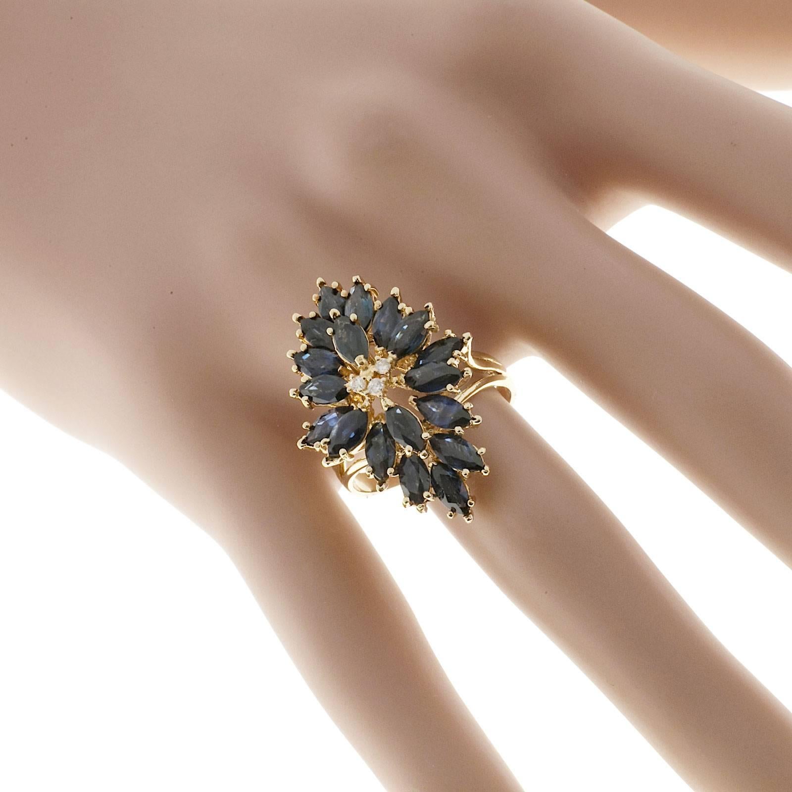 Women's 6.00 Carat Marquise Blue Sapphire Diamond Gold Cocktail Cluster Ring