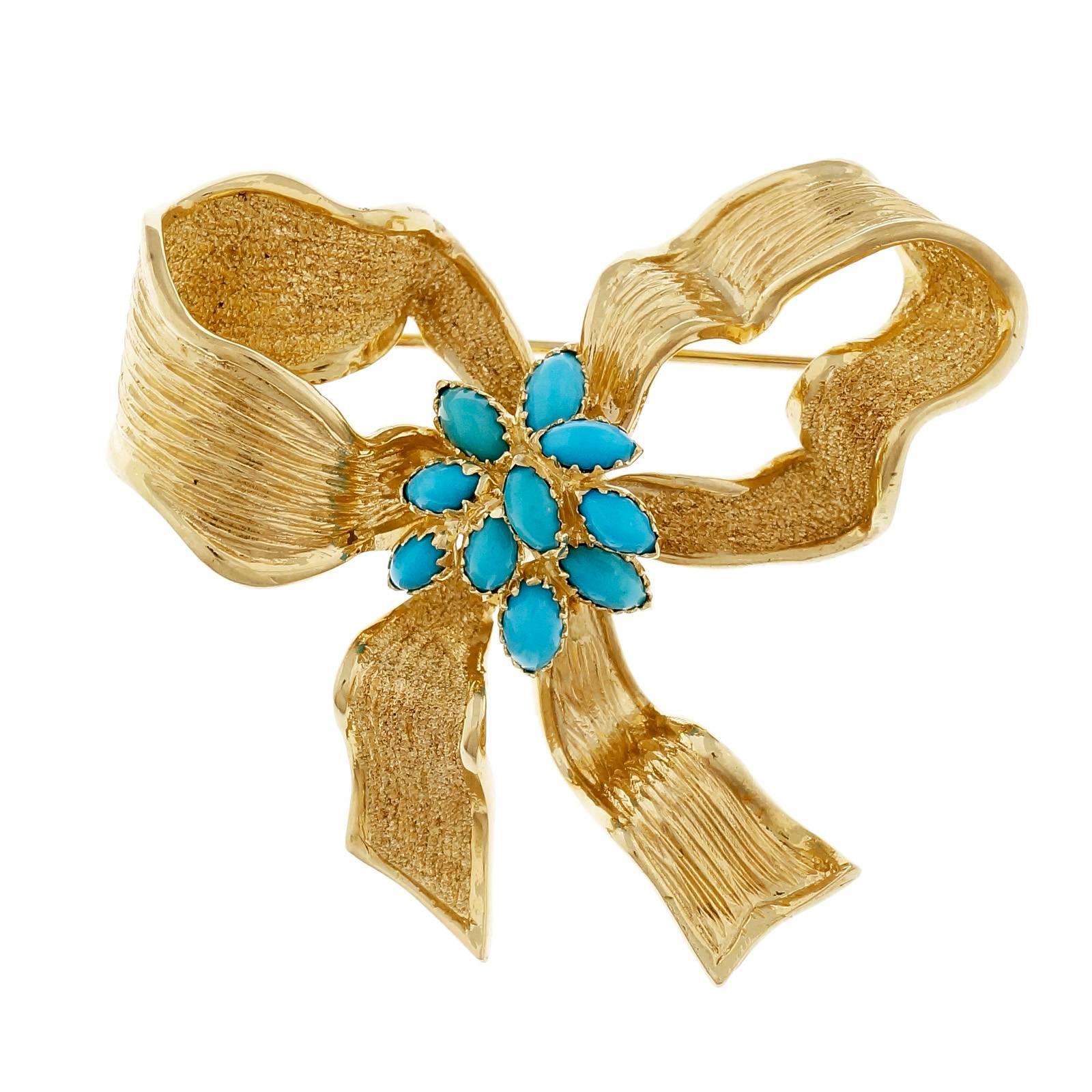 GIA Certified Persian Turquoise Textured Yellow Gold Bow Brooch