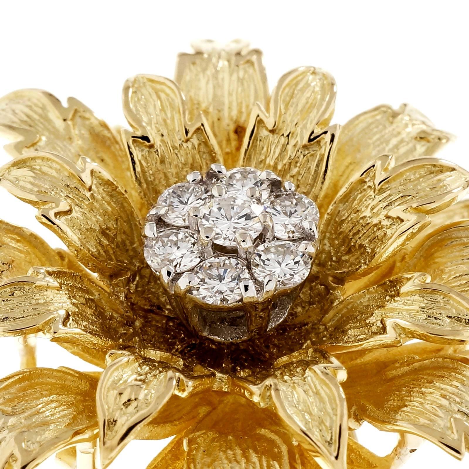 Round Cut Tiffany & Co. .56 Carat Diamond Textured Gold Flower Brooch