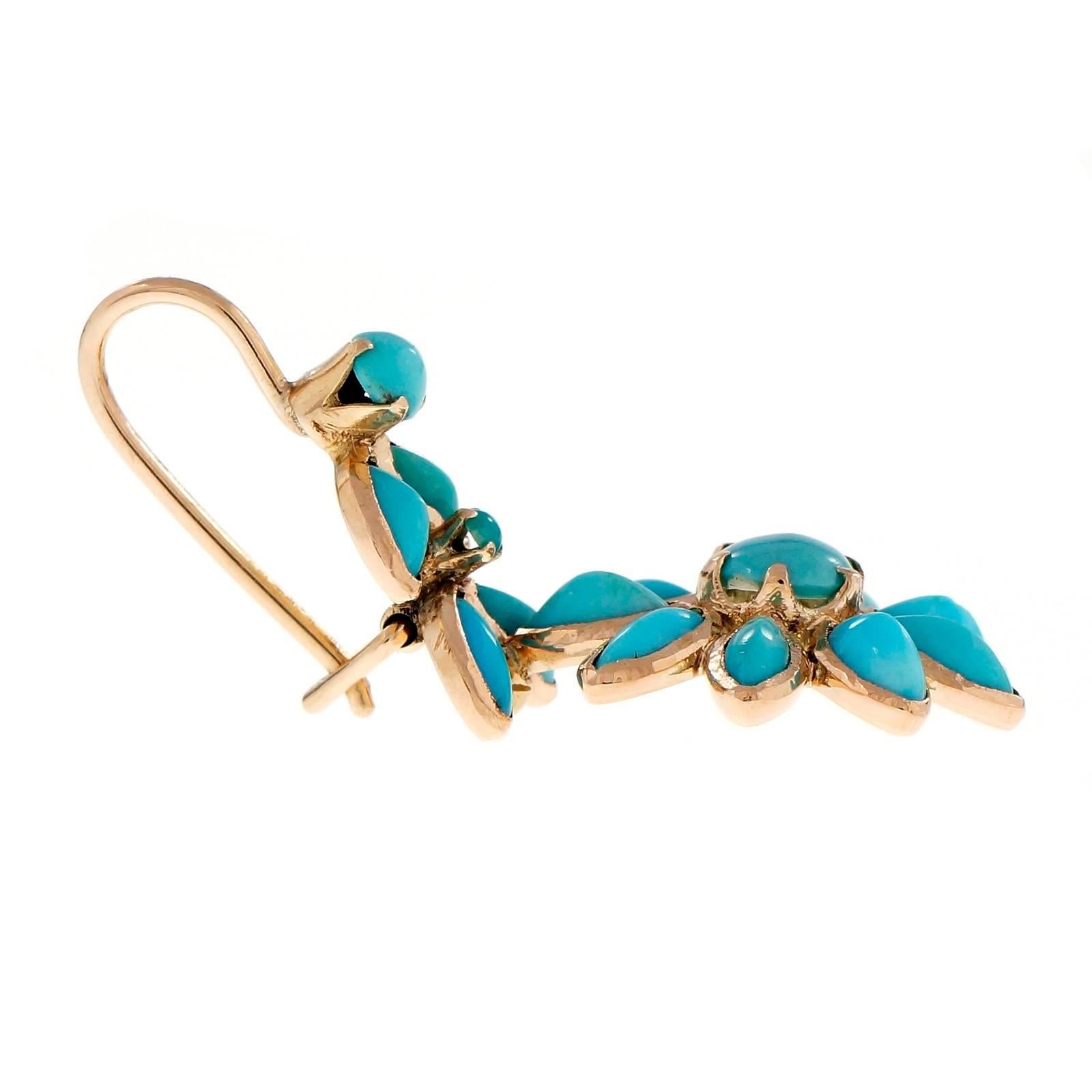 Victorian 1860s 14k rose gold Persian natural untreated Turquoise dangle earrings. GIA certified natural and untreated.

6 round cabochon natural Turquoise, GIA certificate #6183008798
26 Marquise cabochon Turquoise
14k pink gold
Tested: