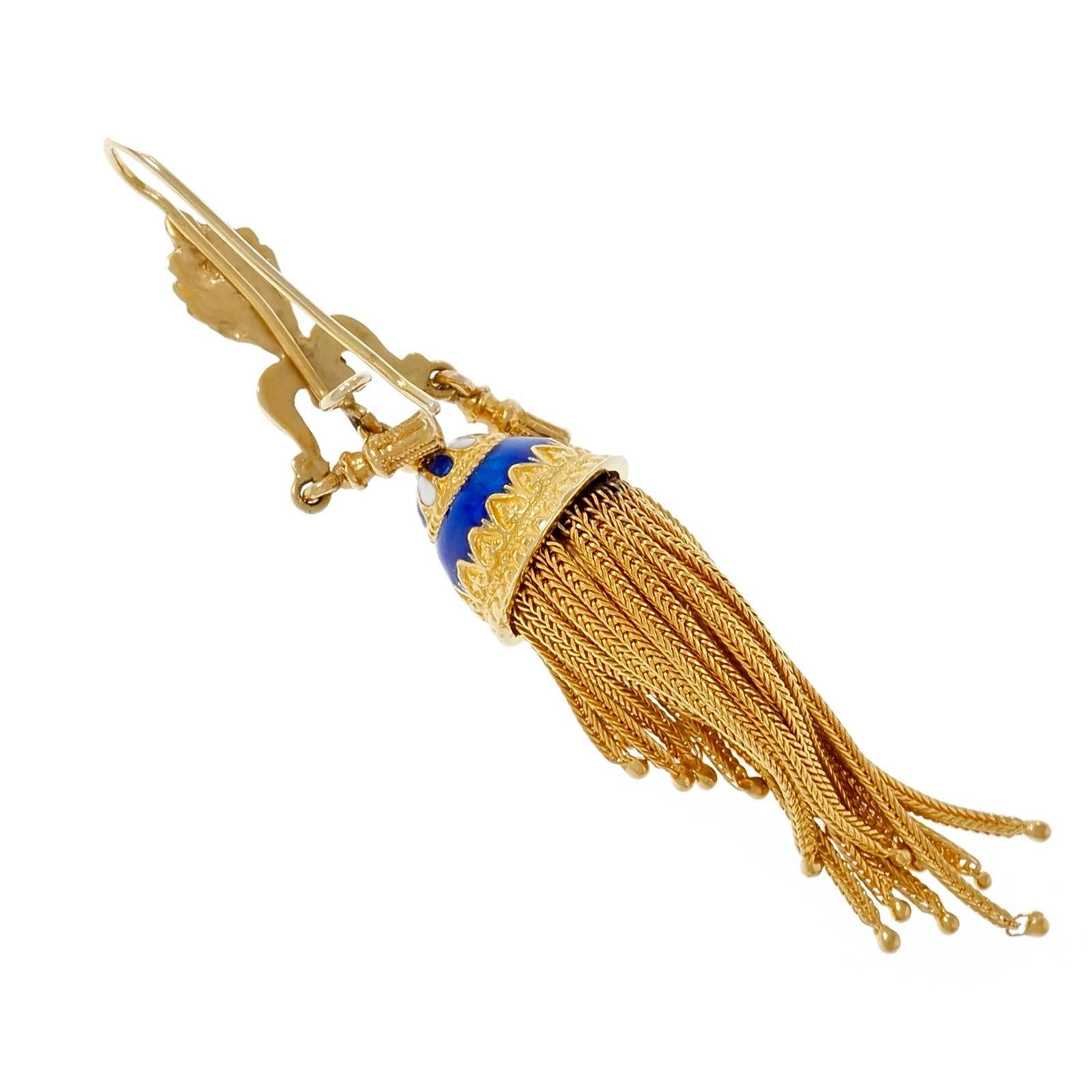 Women's Cobalt Blue Enamel Gold Tassel Dangle Earrings  