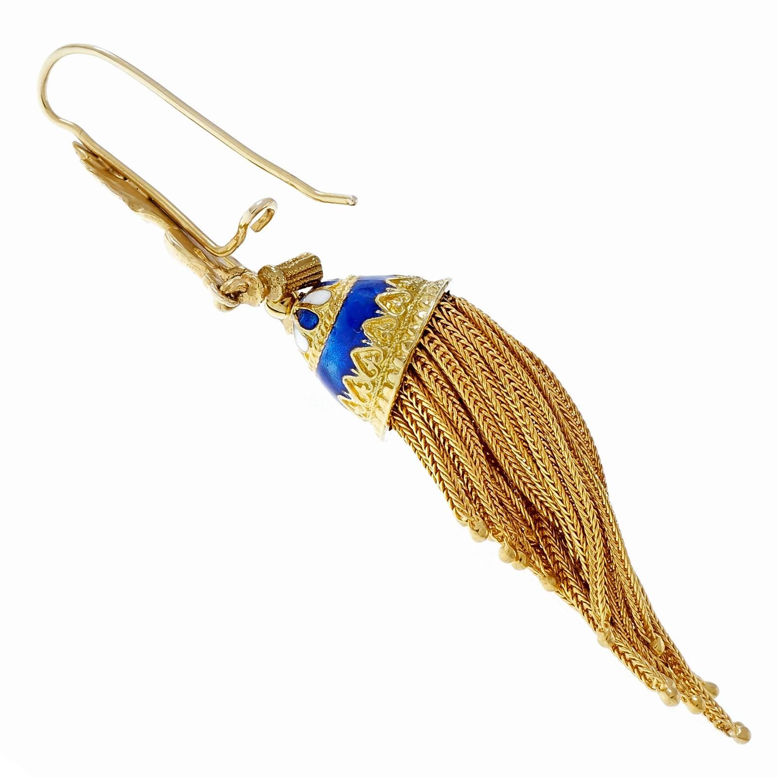 Cobalt Blue Enamel Gold Tassel Dangle Earrings   1