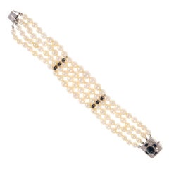 Cultured Graduated Pearl Sapphire Diamond Gold Bracelet