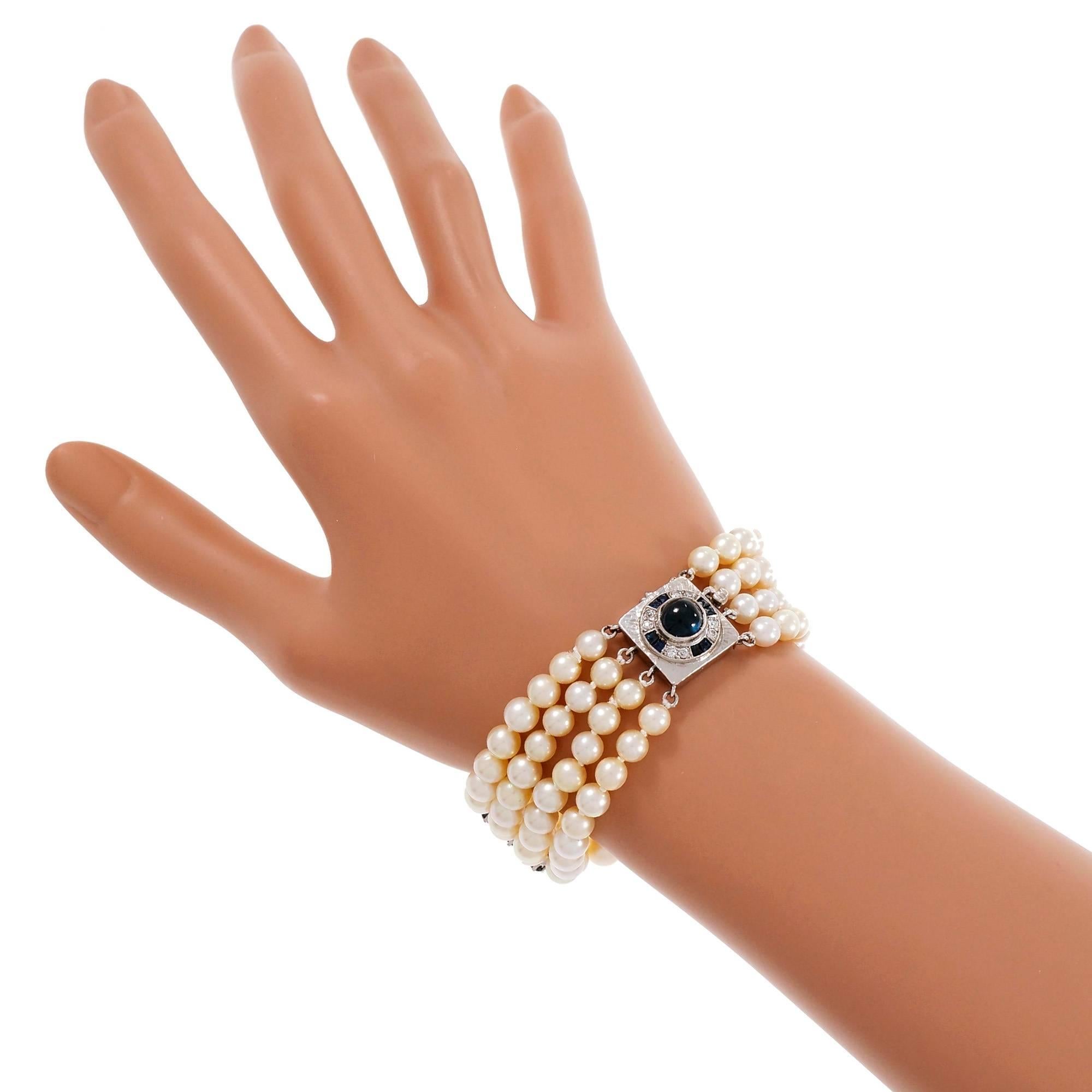 Women's Cultured Graduated Pearl Sapphire Diamond Gold Bracelet