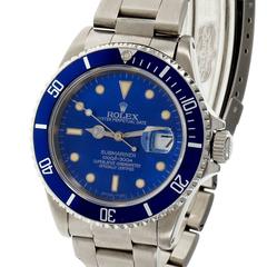 Vintage Rolex Steel Submariner Custom Blue Dial Bezel Automatic Wristwatch Ref 16610