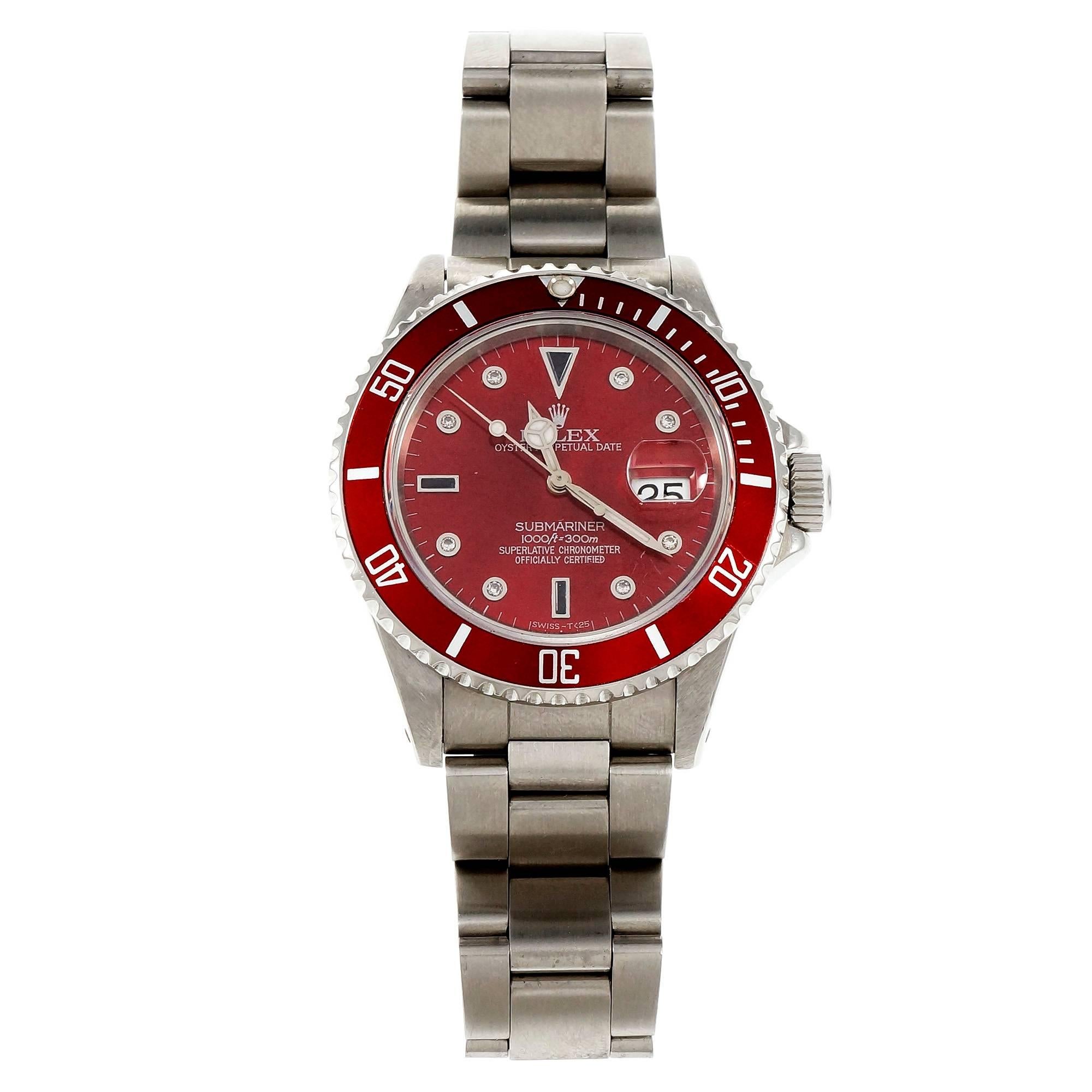 Steel Rolex Submariner 168000 with customized bright red Serti dial and red bezel rim. Matt finish Rolex Oyster band. Customized Red on red bezel and dial with diamond and sapphire markers.  ©1988.

Steel
Diamond and Sapphire markers.
133.3