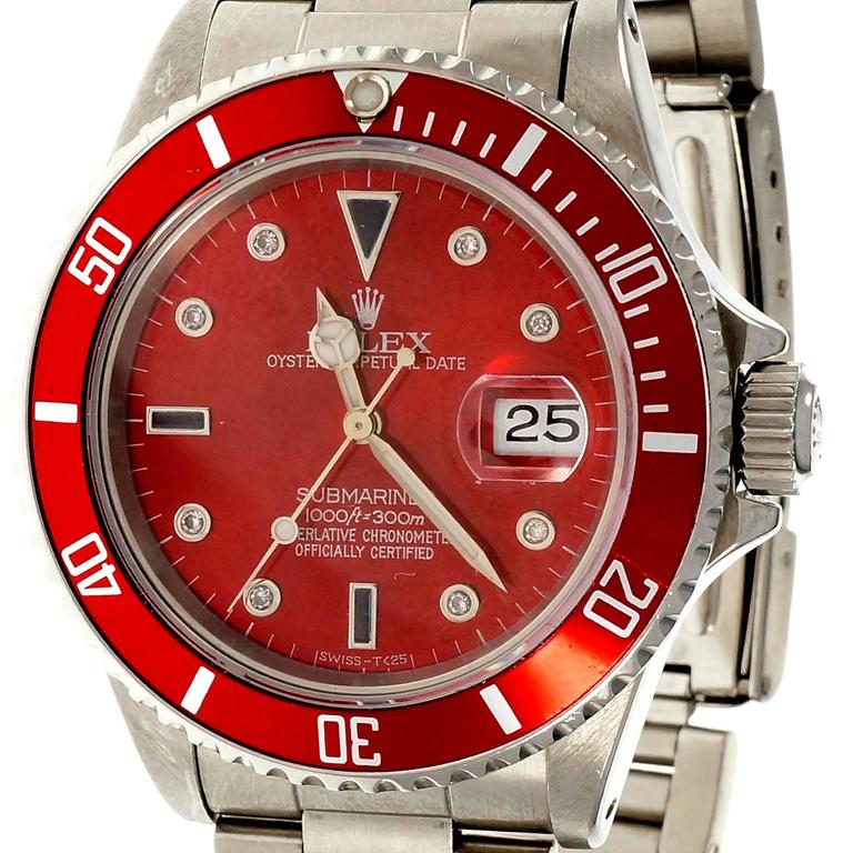 Rolex Stainless Steel Submariner Diamond Sapphire Custom Dial Bezel  Wristwatch at 1stDibs | rolex submariner red bezel, rolex submariner  diamond dial, red bezel submariner