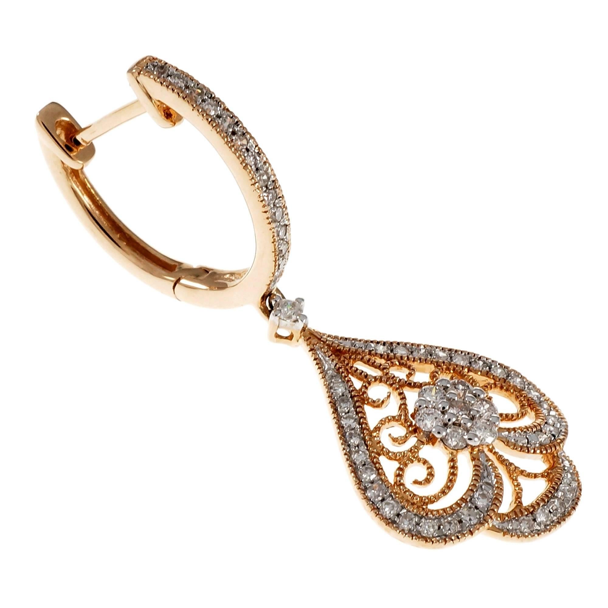Women's Diamond Filigree Rose Gold Dangle Earrings
