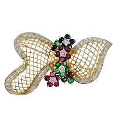 Freeform Ruby Sapphire Emerald Diamond Butterfly Gold Enhancer Brooche 