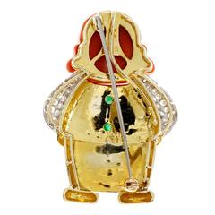 Trio Carved Coral Jade Dimaond Pave Male Figure Gold Brooche
