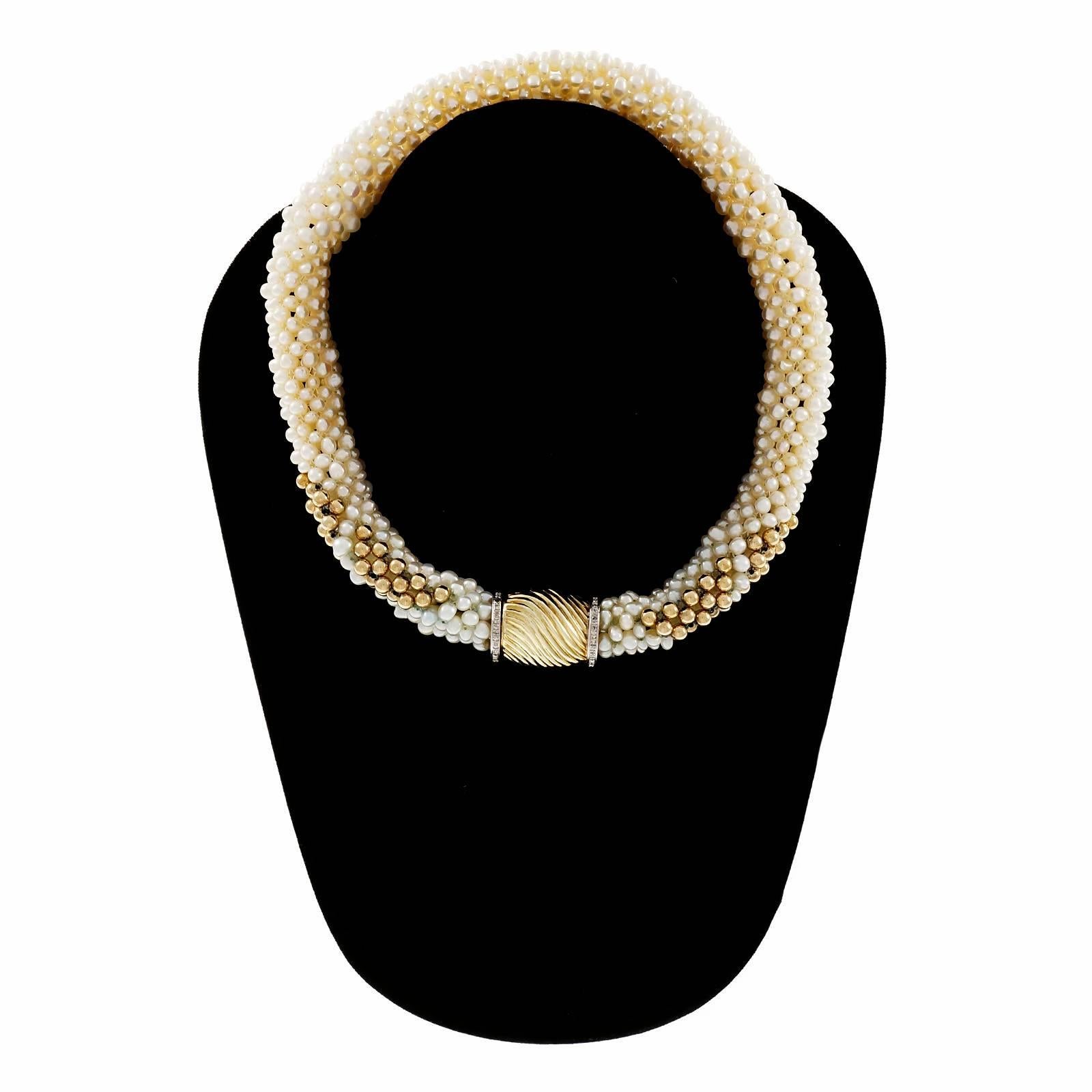 Freshwater Woven Pearl Diamond Gold Necklace In Good Condition For Sale In Stamford, CT