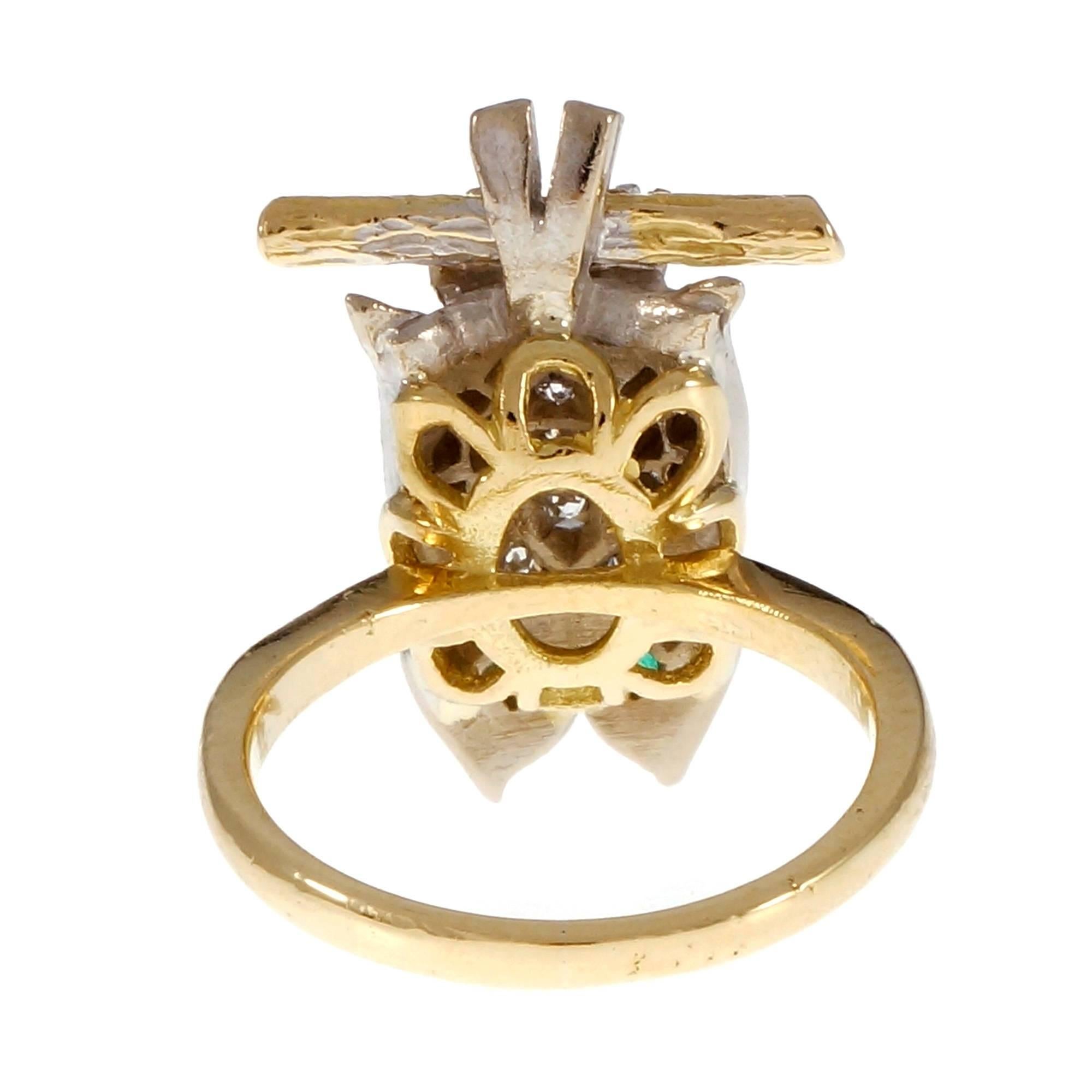 Diamond Pavé Emerald Gold Owl Cocktail Ring 1