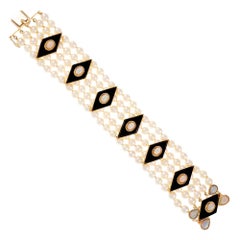 Five Row Pearl Black Onyx Opal Gold Bracelet