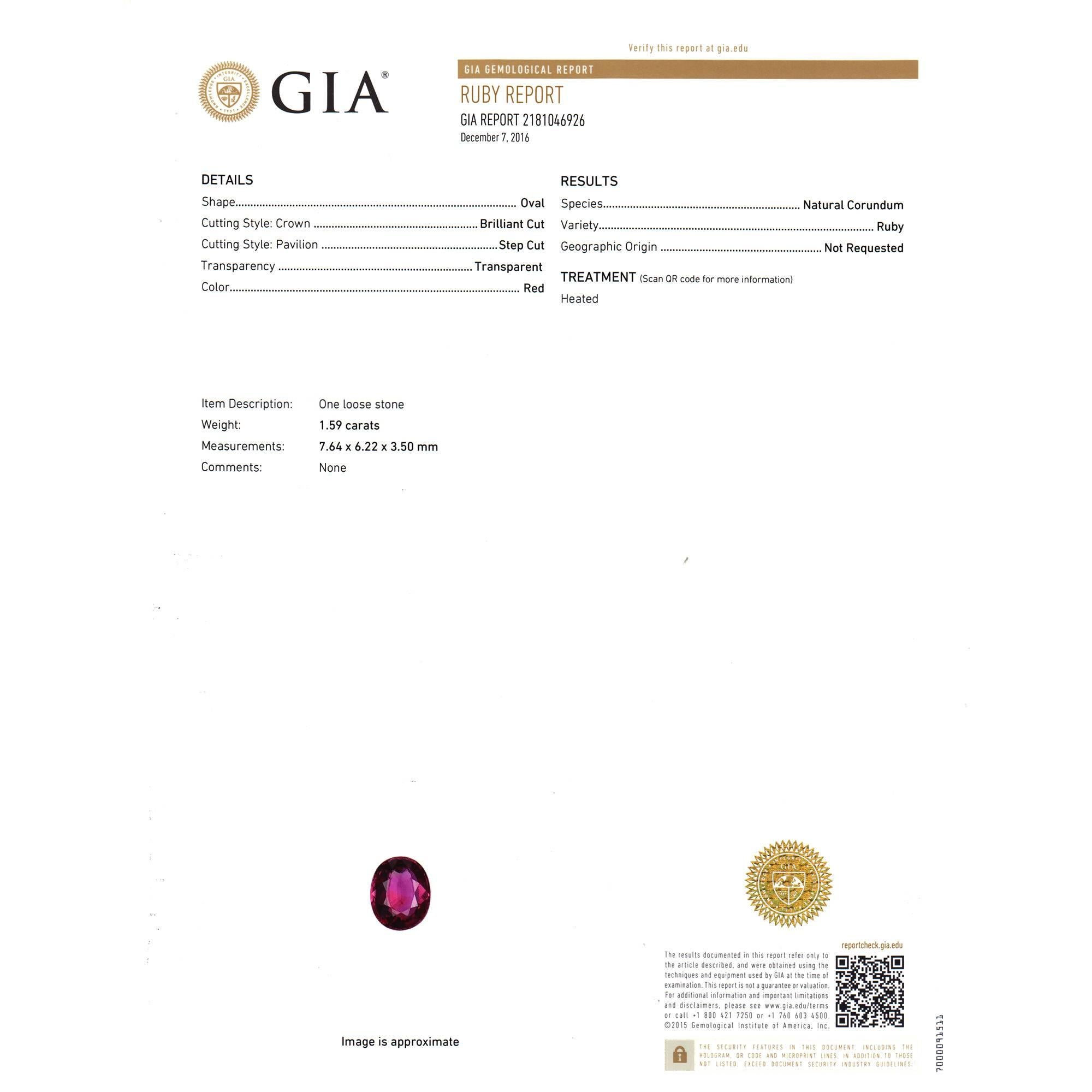 Women's GIA Certified 1.59 Carat Red Ruby Diamond Gold Platinum Engagement Ring