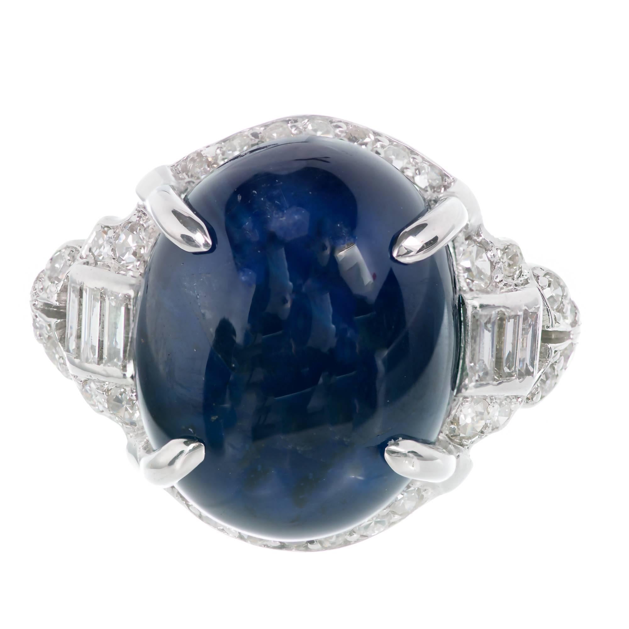 Art Deco 12.13 Carat Cabochon Sapphire Diamond Platinum Engagement Ring