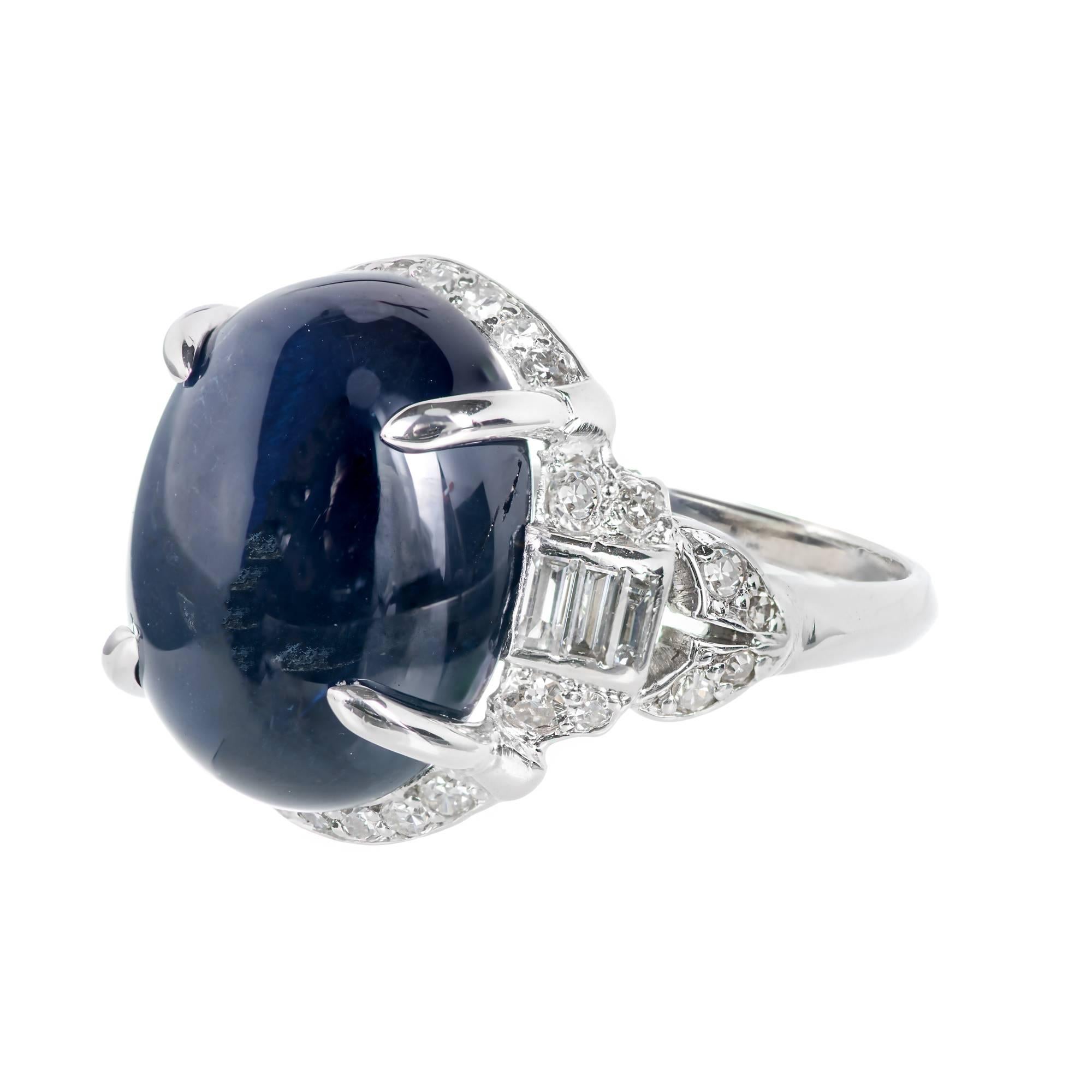 Art Deco 12.13 Carat Cabochon Sapphire Diamond Platinum Engagement Ring 1