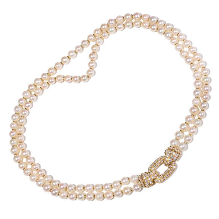 Cartier Diamond Double Strand Pearl Gold Necklace at 1stDibs cartier
