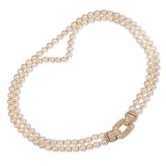 Cartier Diamond Double Strand Pearl Gold Necklace