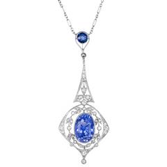 Antique 9.25 Carat Edwardian Sapphire Diamond Platinum Pendant Necklace