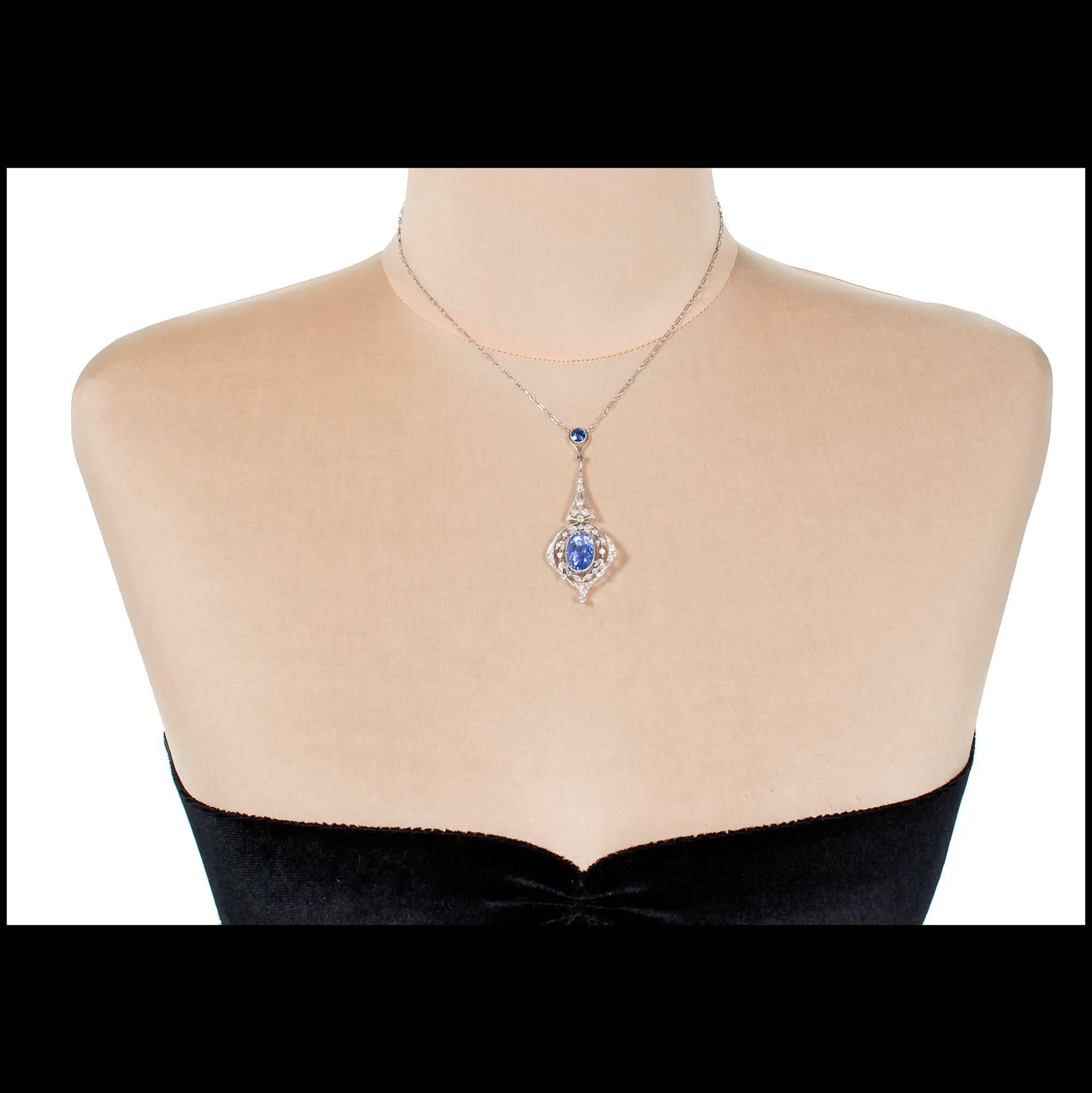 9.25 Carat Edwardian Sapphire Diamond Platinum Pendant Necklace In Good Condition In Stamford, CT