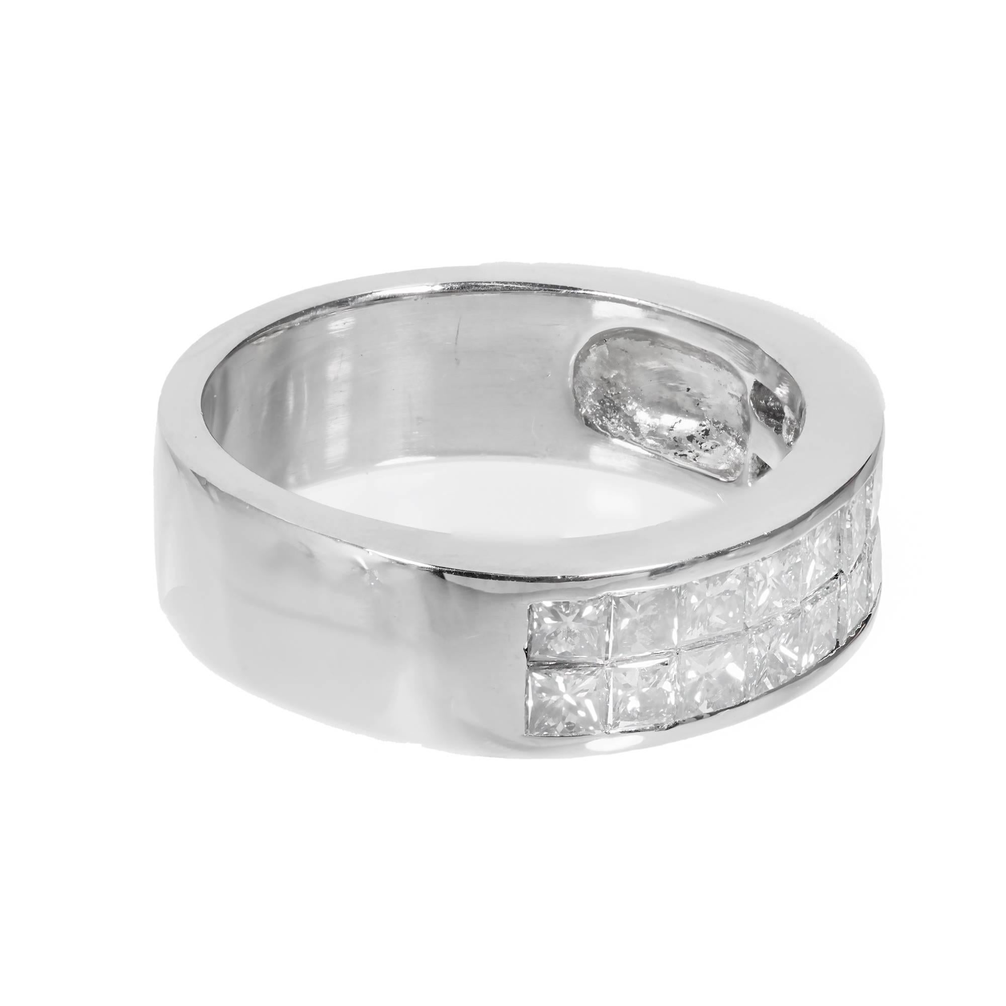 Diamond Solid platinum two row 6mm wide wedding band with 1.50 carats of princess cut diamonds. 

20 princess cut diamonds F VS approximately 1.50 carats 
Size 7 ¾ and sizable
Platinum
Tested: platinum
Stamped: platinum
12.3 grams
6.44 mm wide at