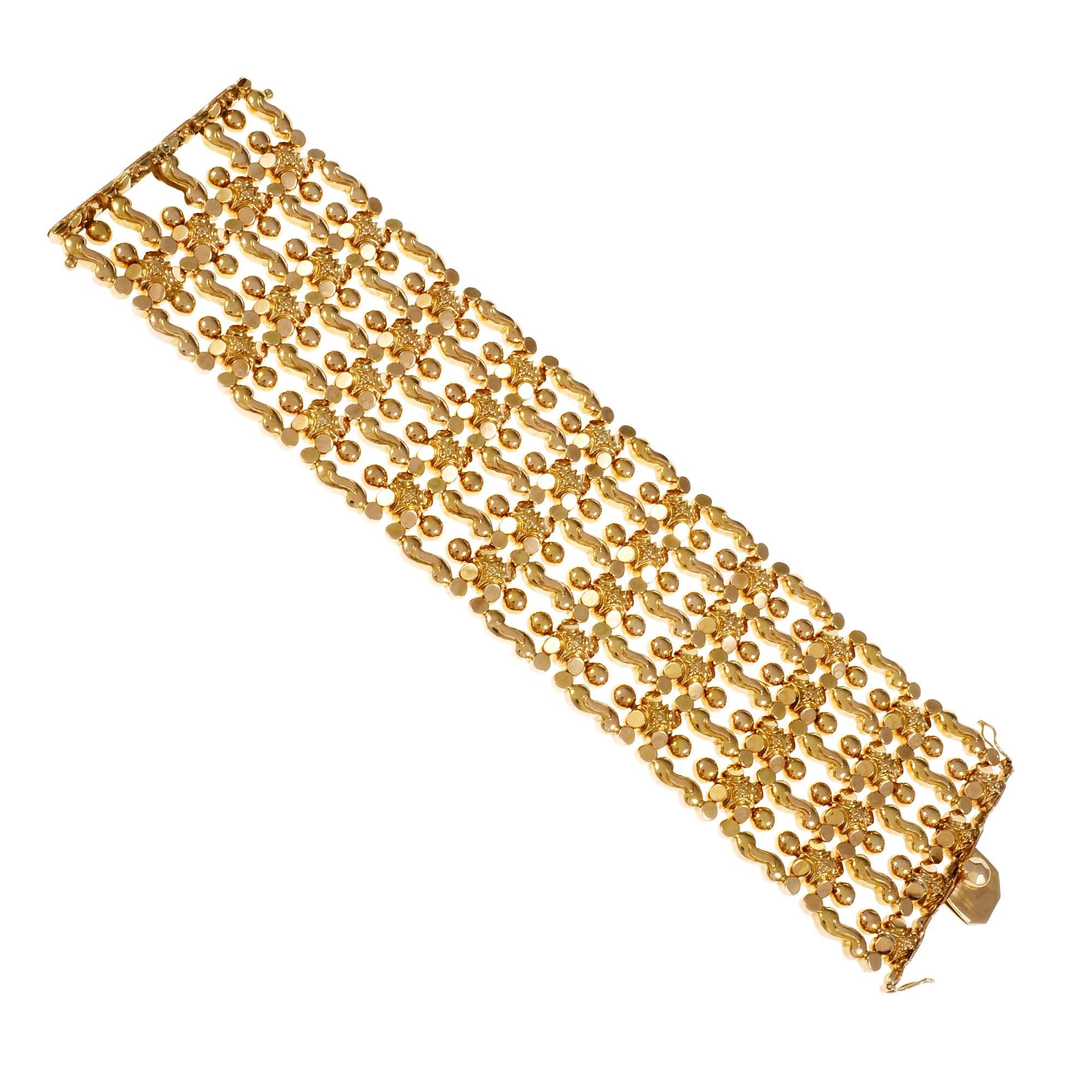 Wide Italian Hinged Gold Bracelet For Sale