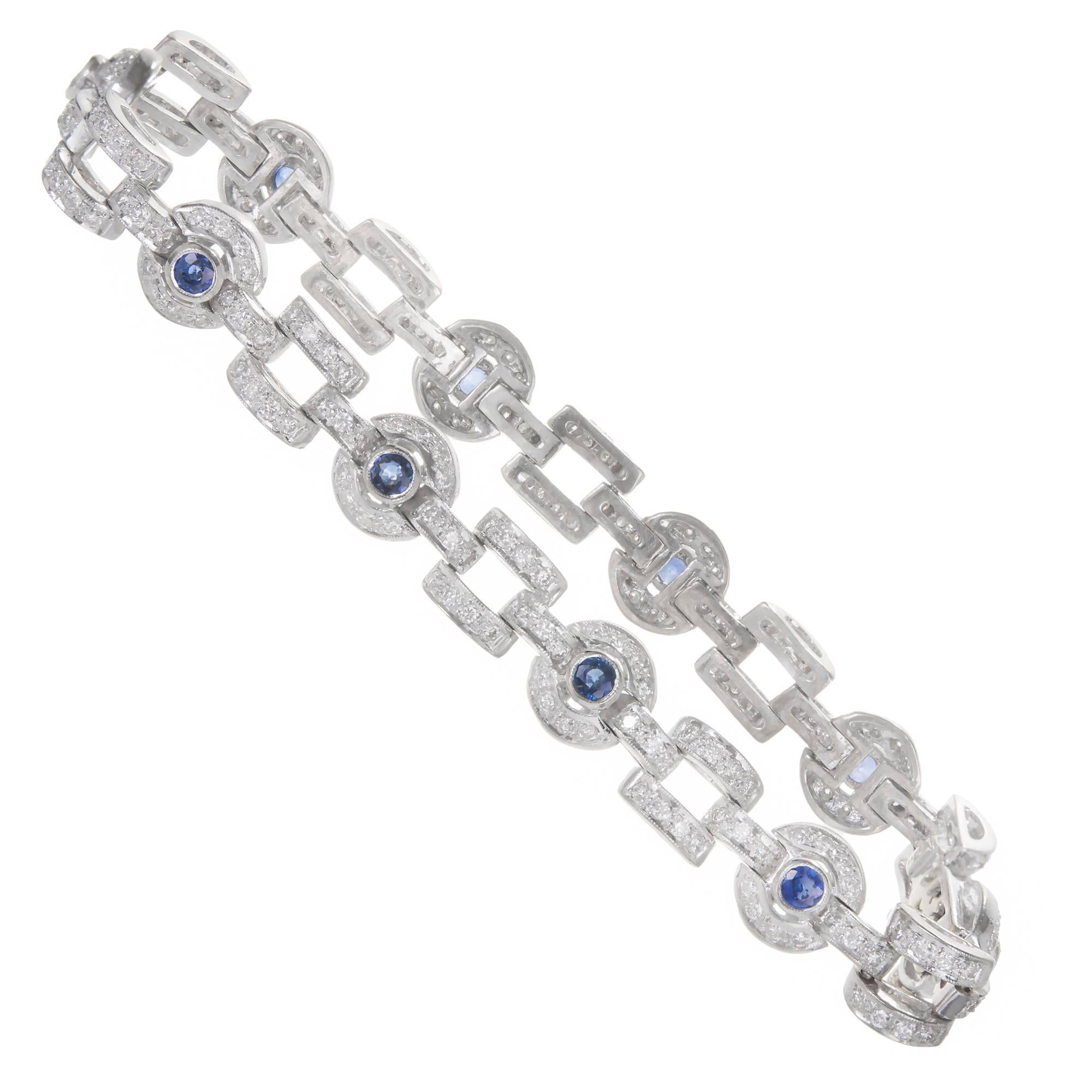 Sapphire Diamond White Gold Circle Square Link Bracelet