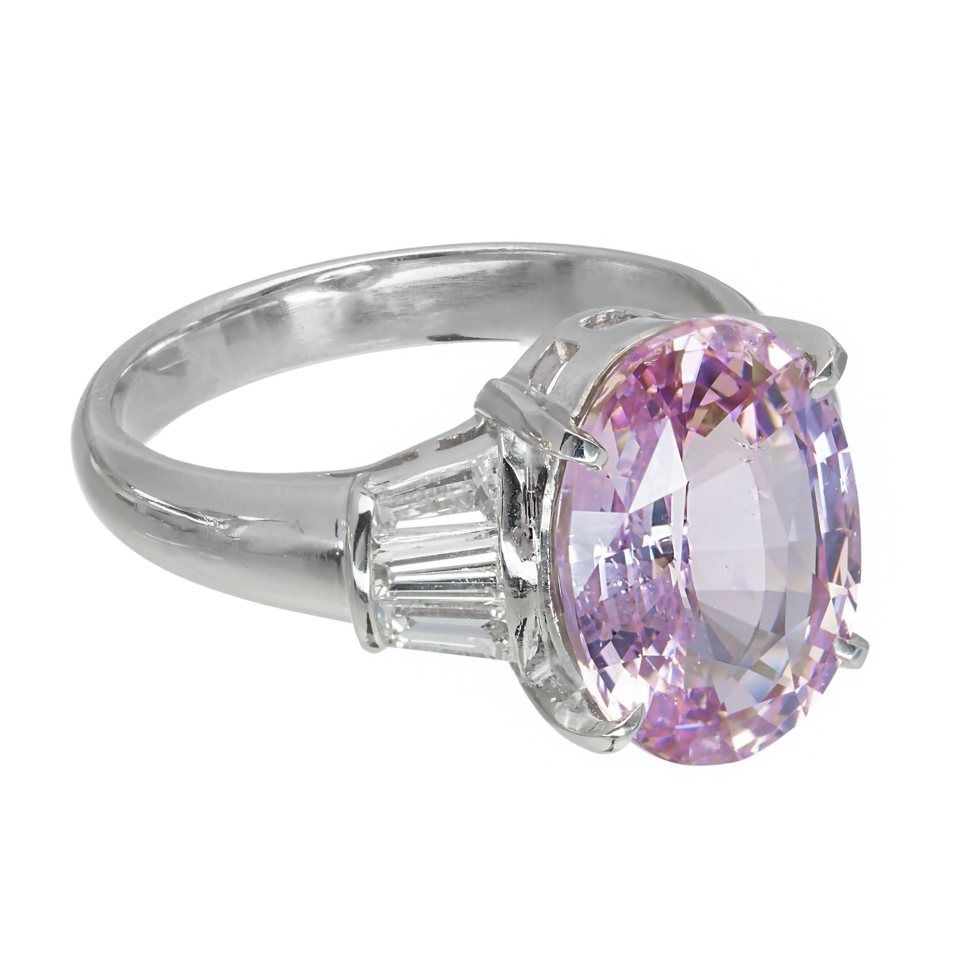 Natural GIA certified purplish pink 5.28ct Sapphire diamond engagement ring. Original 1950-1960 Platinum ring with tapered baguette Diamond accents. In both Diamond and Sapphire purplish pink is a very sought after natural color. In addition to the